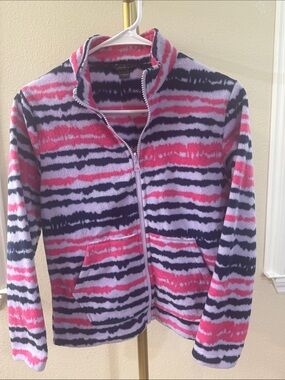 Eddie Bauer Girls Pink Purple Black Striped Fleece Zip Jacket